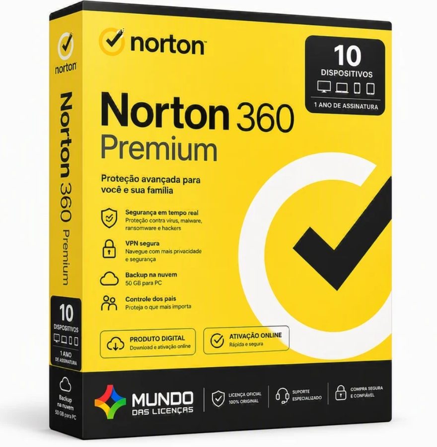 Antivírus Norton 360 Premium – Licença Digital (ESD) para 10 Dispositivos (1 Utilizador / 1 Ano)
