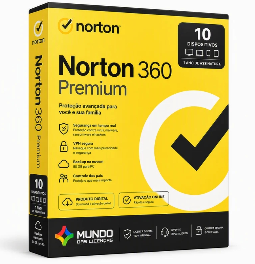 Antivírus Norton 360 Premium – Licença Digital (ESD) para 10 Dispositivos (1 Utilizador / 1 Ano)